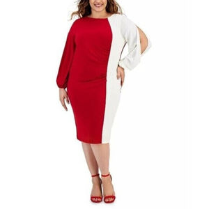Kasper Plus Size 2X Quinn White and Red Colorblocked Split-Sleeve Dress NWT